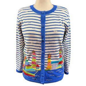 Quacker Factory Embroidered Coastal Lighthouse Blue White Striped Cardigan SZ S